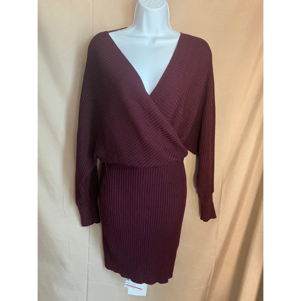 Love Tree Sweater Dress Womens Large Burgundy Excellent Ribbed Wrap Batwing Midi